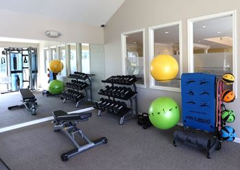A gym with a variety of equipment including weights and exercise balls
